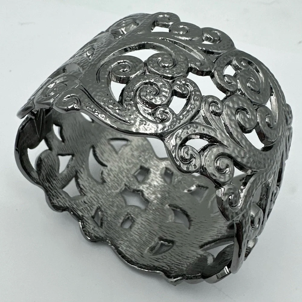 Gun Metal Grey Open Swirl Statement Hinged Bangle Bracelet